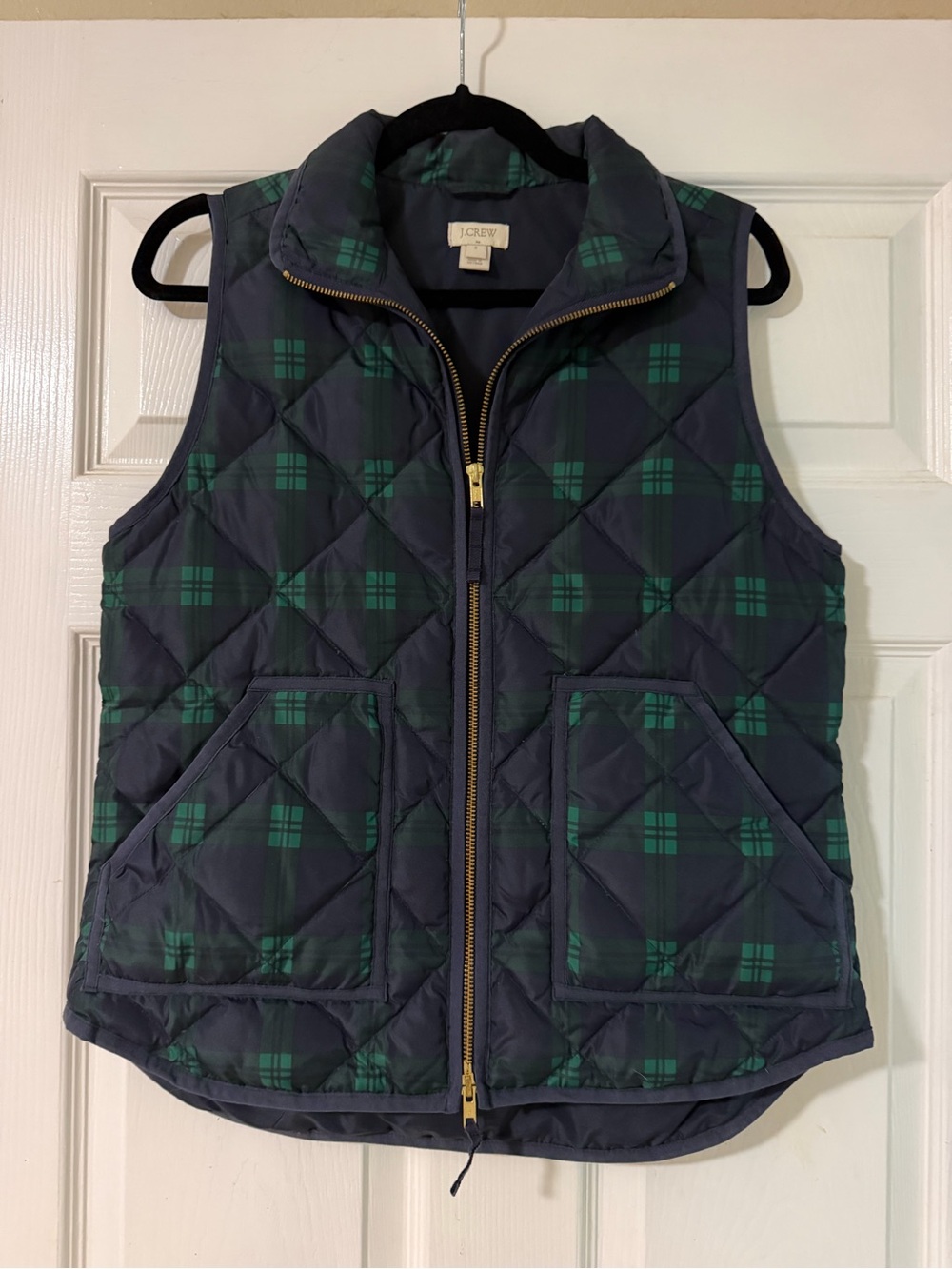 J. Crew Women’s Quilted Plaid Vest in Navy and Green